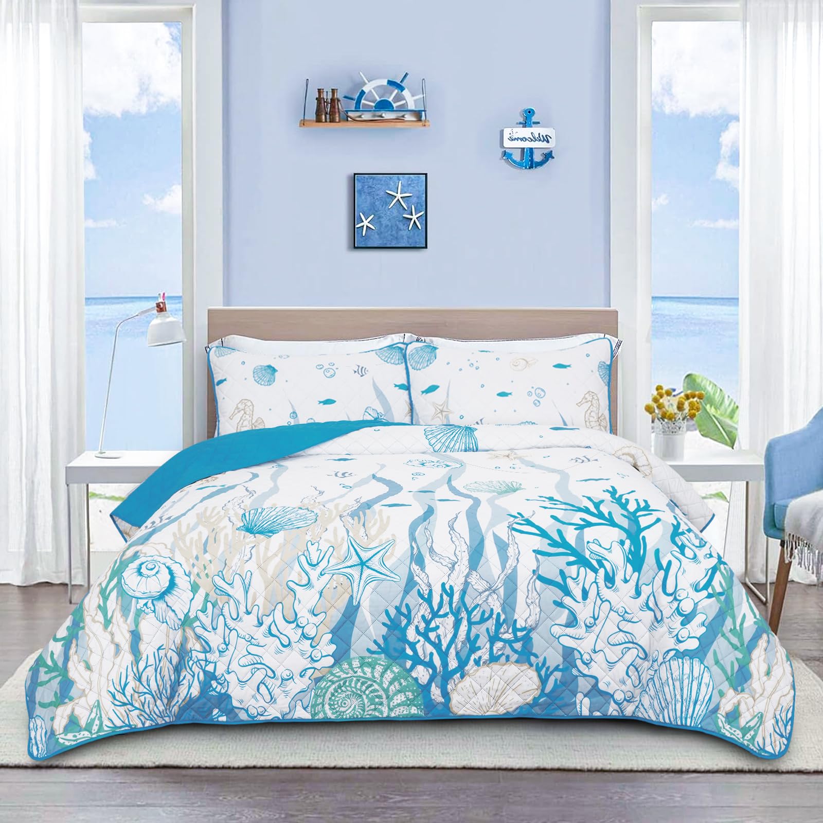 Coastal Quilt, Summer Beach 3 Piece Quilt Sets King Size with 2 Pillowcases