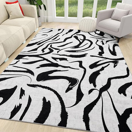 Modern Abstract Zebra Rug, Washable Black and White Cow Print Rug 6x9,