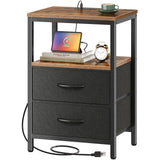 Nightstand with Charging Station, Side Table with Fabric Drawers, End Table with Open