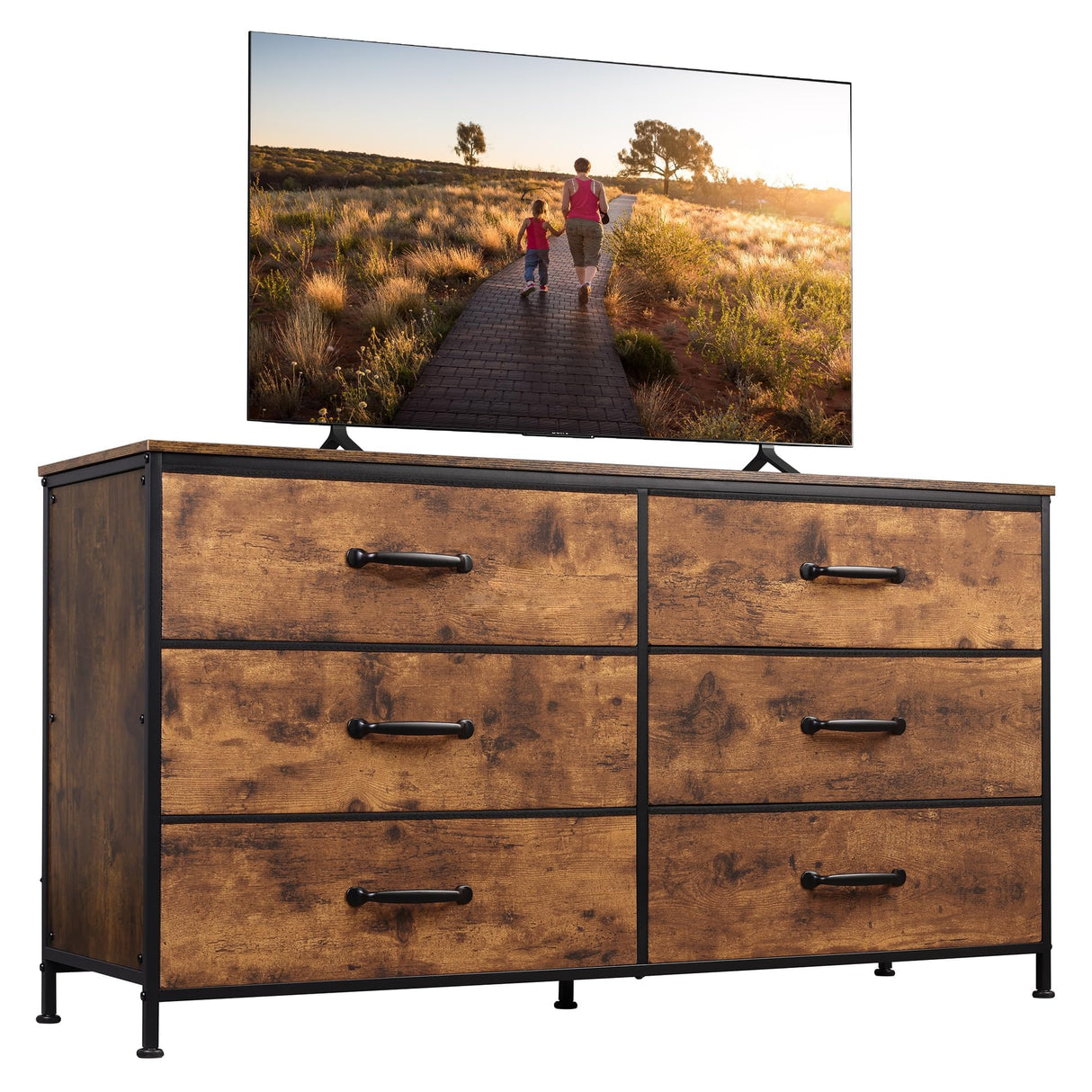 Wide Fabric Dresser, 6 Drawer Dresser TV Stand for 60" TV, Dressers Bedroom Furniture