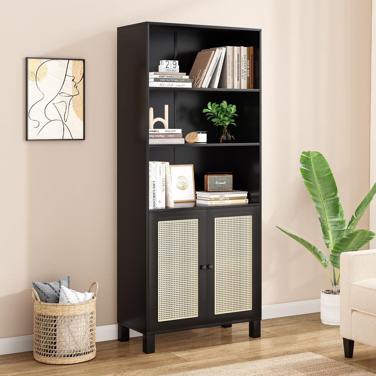 Tall Bookcase with Rattan Doors,5 Tier Storage Wood Shelves Large Bookshelf for Library Living Room Bedroom Home Office,Black