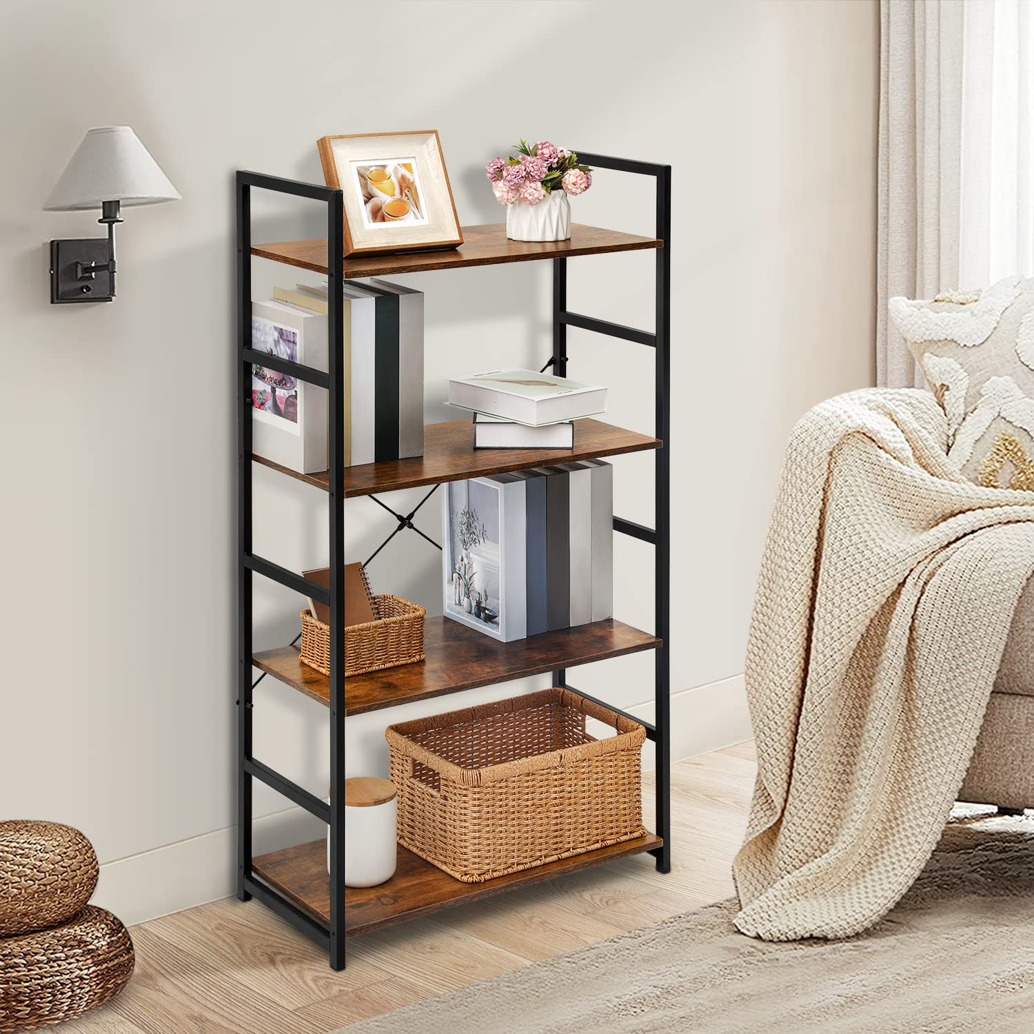 4-Tier Bookshelf, Industrial Bookcase w/Metal Frame Open Back Storage Display Shelves for Living Room Study Room, Rustic Brown