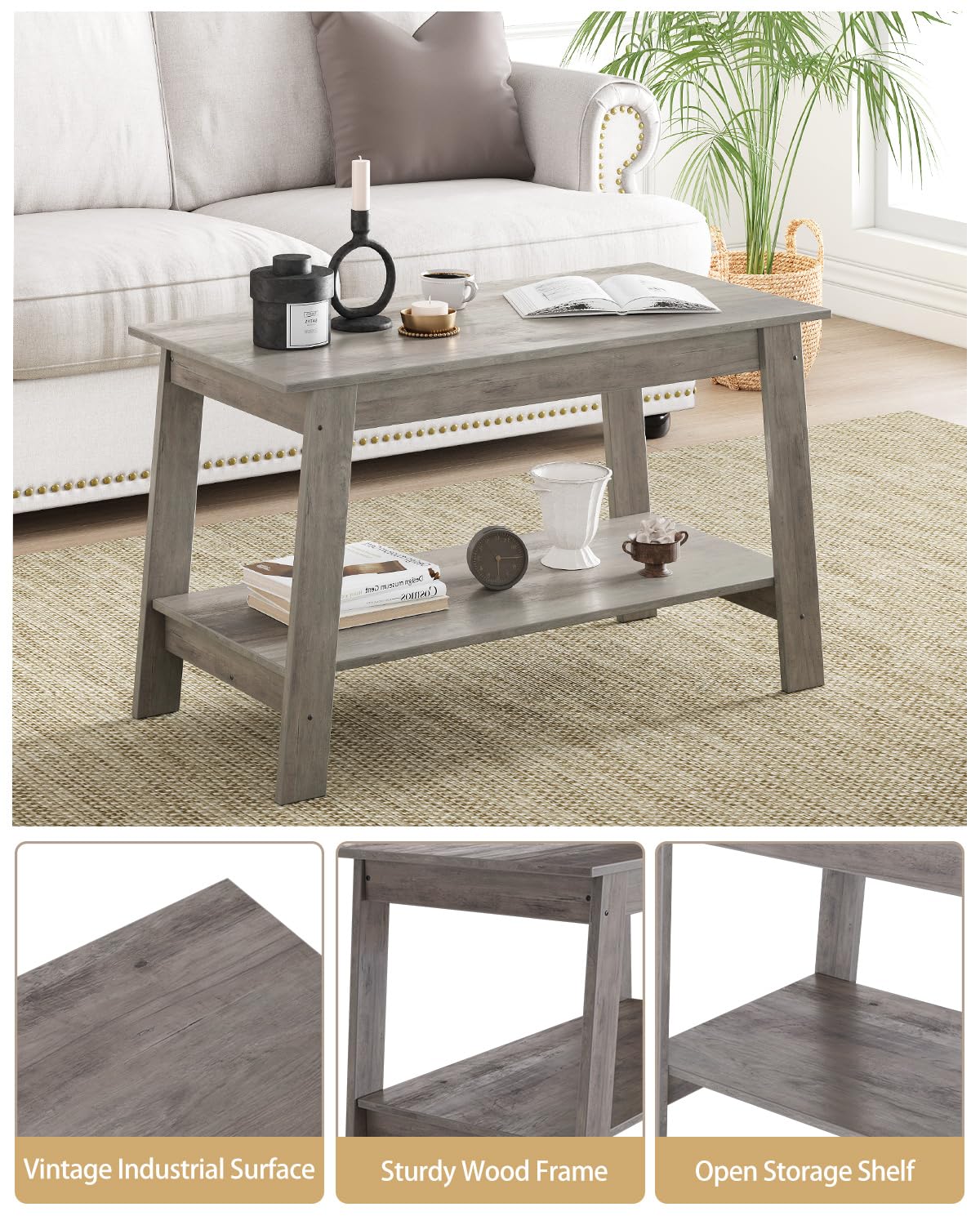 Coffee Table, 2-Tie Rustic Wood Living Room Tables with Open Rectangular Storage