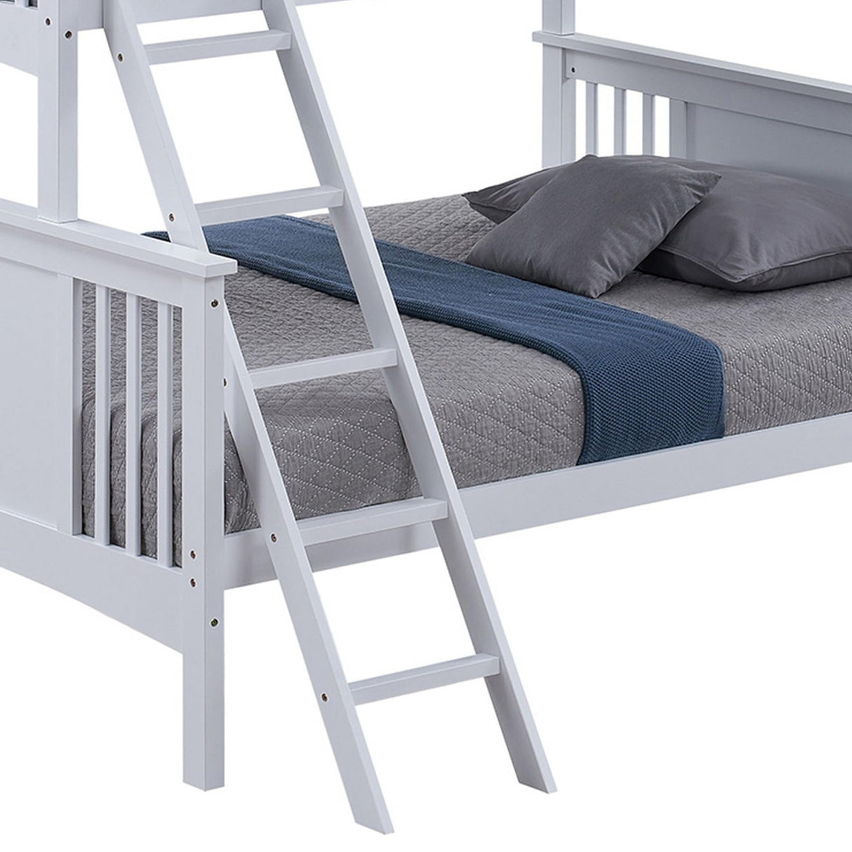 Ricky Twin Over Full Bunk Bed, Angled Ladder, Classic White Solid Hardwood