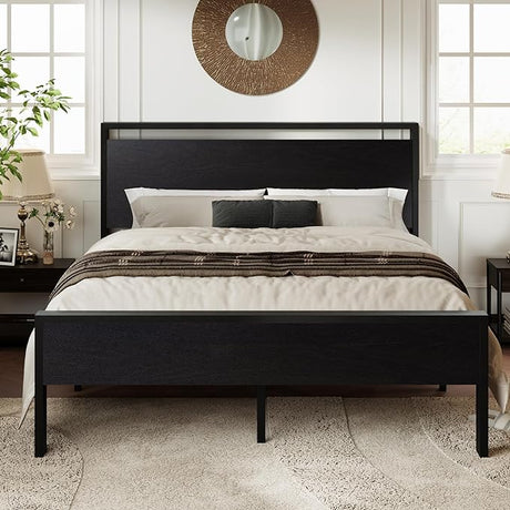 King Size Platform Bed Frame with Wooden Headboard and Footboard