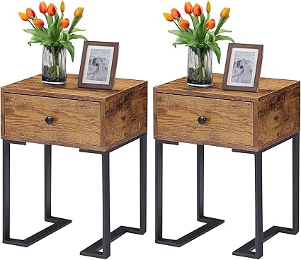 Nightstand Set of 2, Modern Square End Side Table, Night Stands with Drawer and Storage