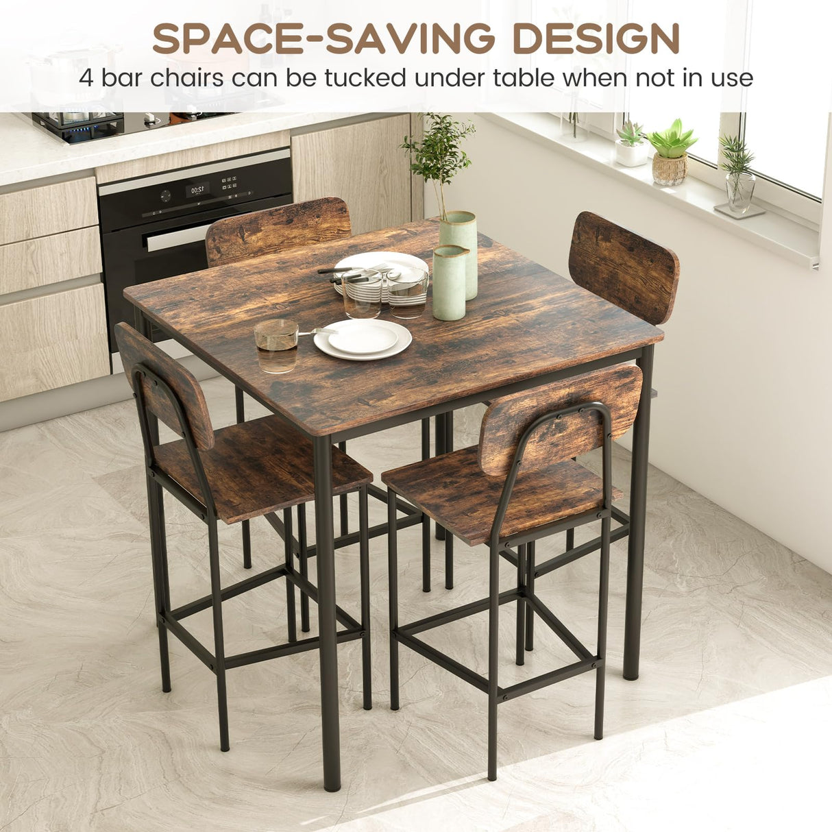 5-Piece Dining Table Set W/Counter Height Table & 4 Bar Stools,