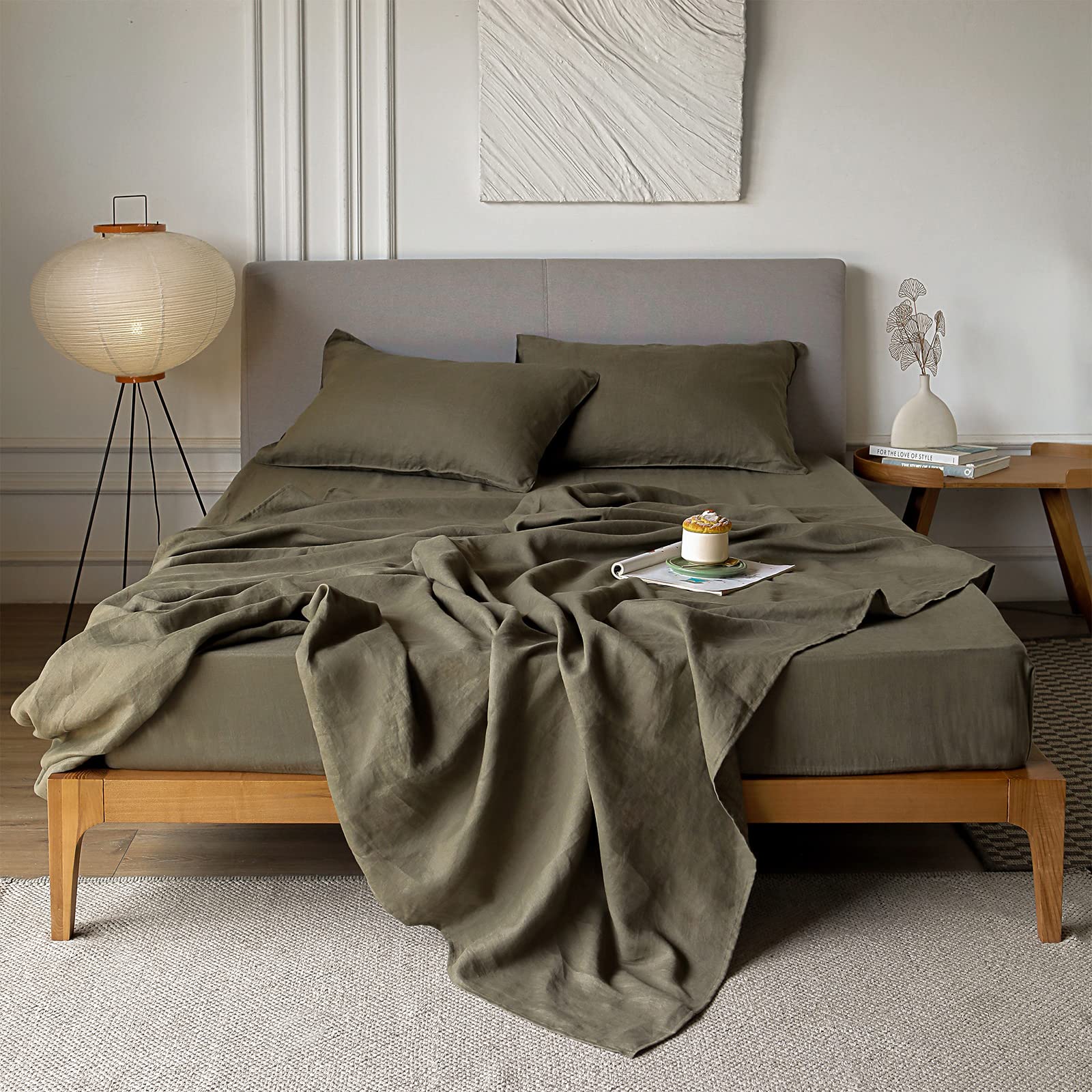 Olive Green Linen Sheets King Size Set, 100% Washed French Flax Organic Linen Sheets,