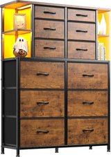 Dresser for Bedroom with LED Lights, 12 Drawers Bedroom Dresser, Black Dresser and Tall Dresser with Open Shelves, Fabric Dressers & Chests of Drawers with Sturdy Metal Frame, White