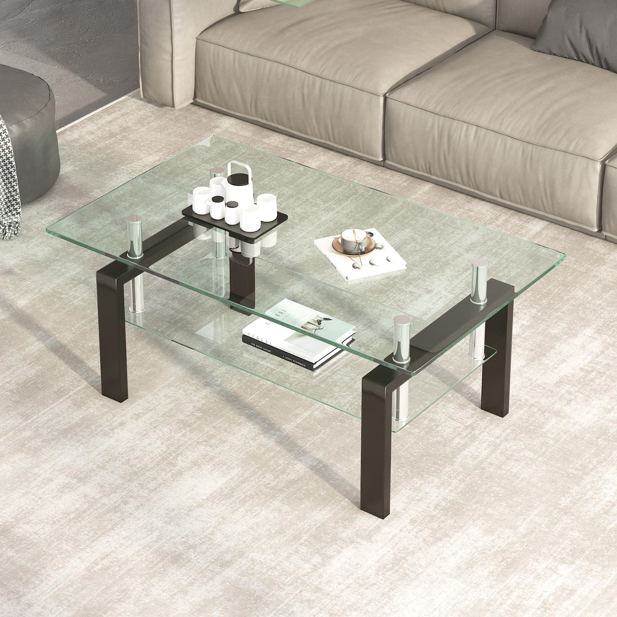 Tempered Glass Coffee Table with Metal Legs Modern Small Coffee Tables for Livingroom