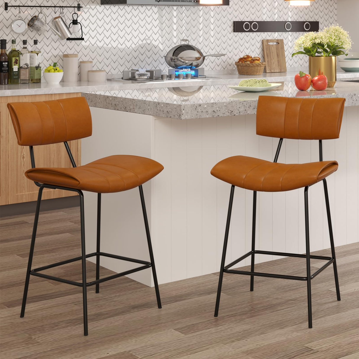 Brown Counter Height Bar Stools Set of 4, Modern Faux Leather Bar Stools