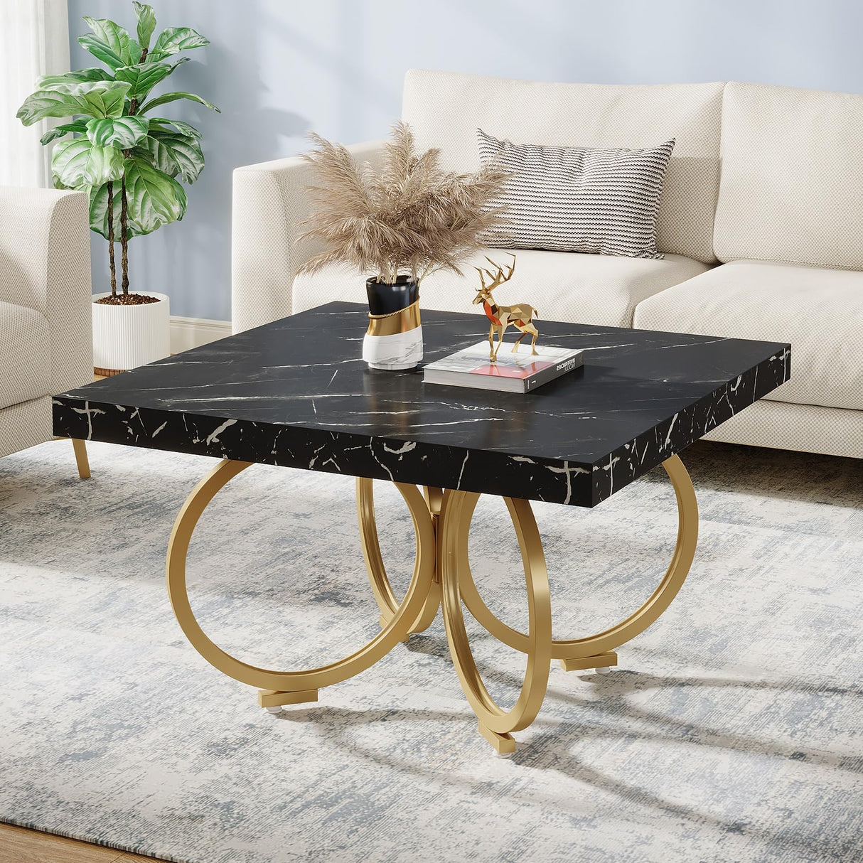 Modern Black Square Coffee Table with Gold Geometric Frame