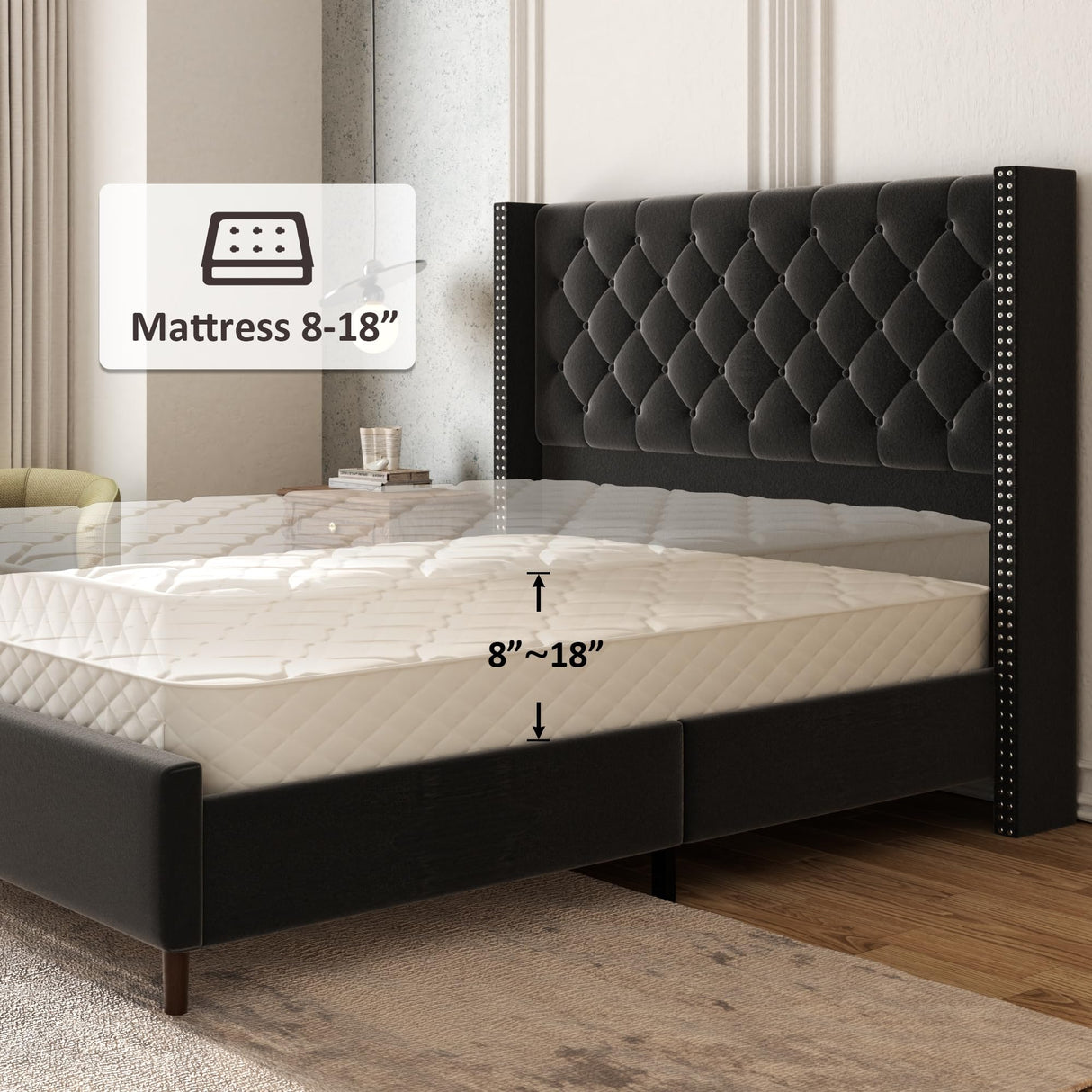 Queen Velvet Platform Bed with 58" Wingback Headboard