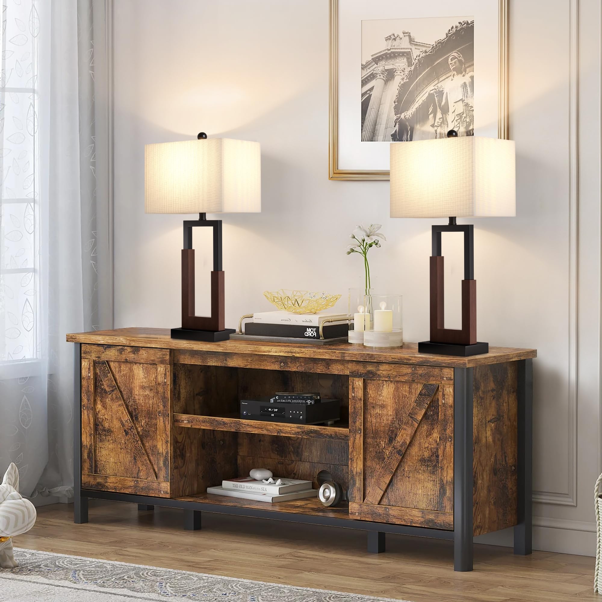 30" Farmhouse Table Lamps Set of 2 with USB-C Charging