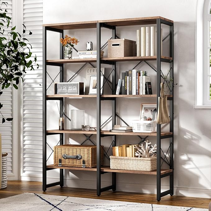 Double Wide 6-Tier Bookcase, Industrial Bookshelf with Metal Frame, Open Large Book