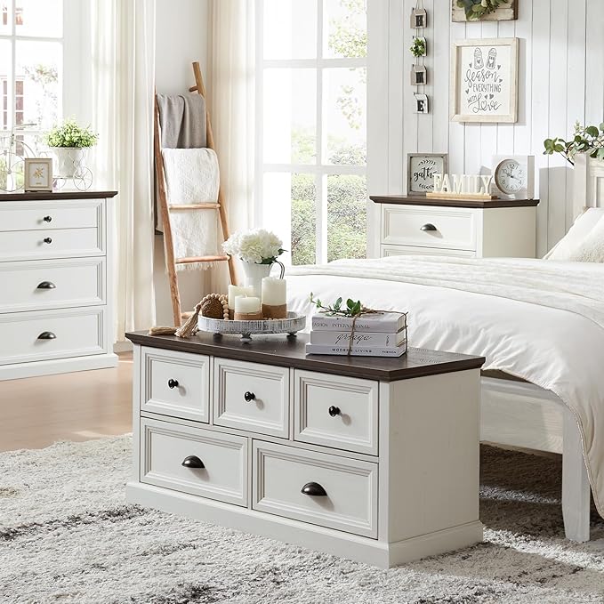 Nightstand with Charging Station, 2 Drawer Dresser for Bedroom, Farmhouse Small Dresser with Drawers