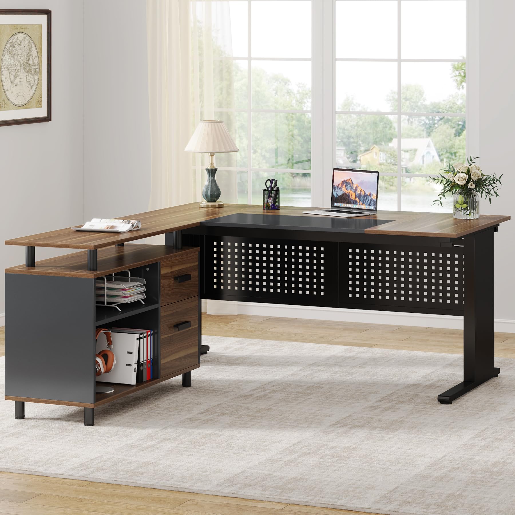 63 Inch Executive Desk with File Cabinet, Large Office Desk L Shaped Computer Desk