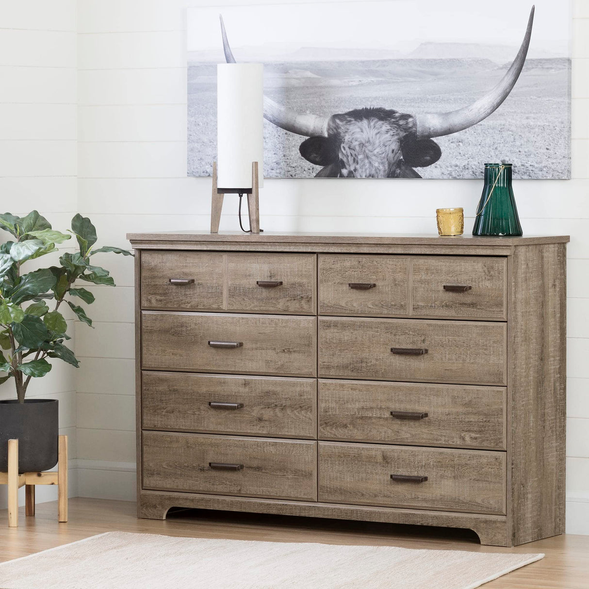 Versa Collection 8-Drawer Double Dresser, Weathered Oak with Antique Handles