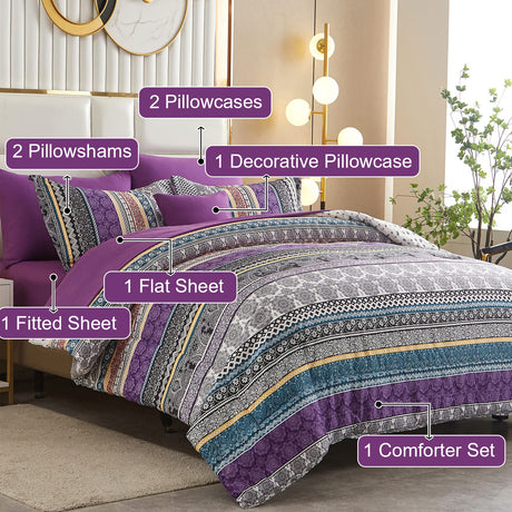 Set King Size 8 Piece Bed in a Bag Bohemian Striped Bedding Quilt Set Purple