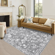 Pauwer Vintage Area Rug 4x6, Distressed Floral Faux Wool Throw Rug, Non Slip Boho Hallway Area Rug, Washable Low-Pile Carpet for Kitchen Living Room Bedroom,(4'x6', Grey)