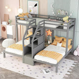 Bed with Stairs and Storage Drawers Full Over Twin & Twin 3 Bunk Beds for Kids Wooden