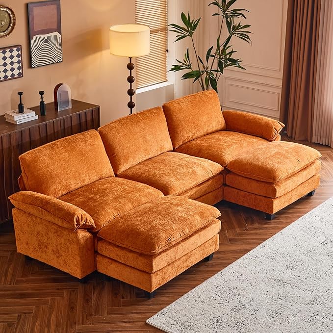 Sectional Sofa Modular Deep Seat Sofa Couch with Ottoman, Chenille Sofa