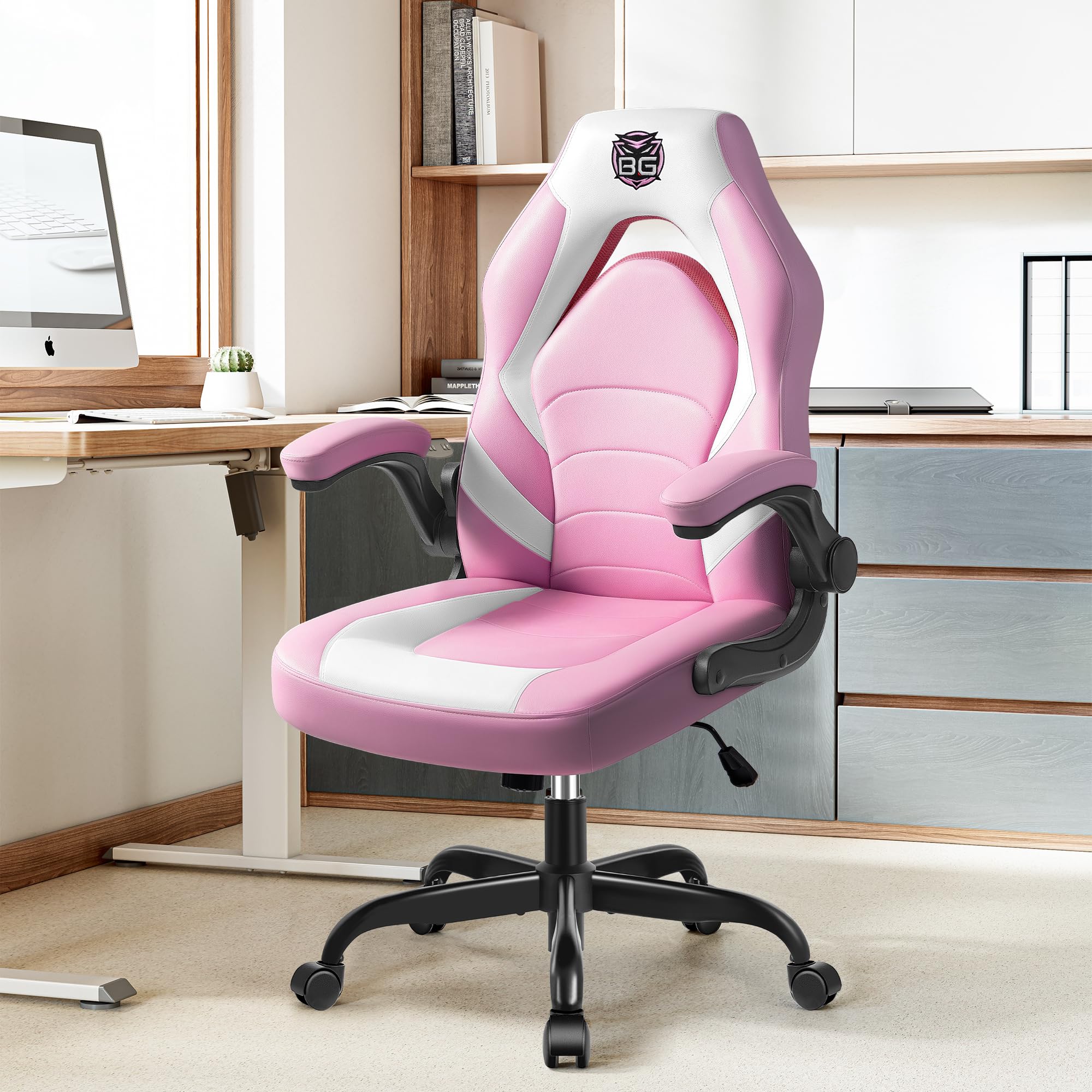 Ergonomic Gaming Chair with Lumbar Support - Pink Leather High-Back Office Chair
