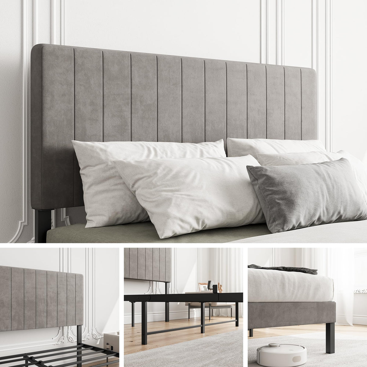 Full Size Upholstered Bed Frame with Tufted Headboard and Metal Slats Support, Heavy