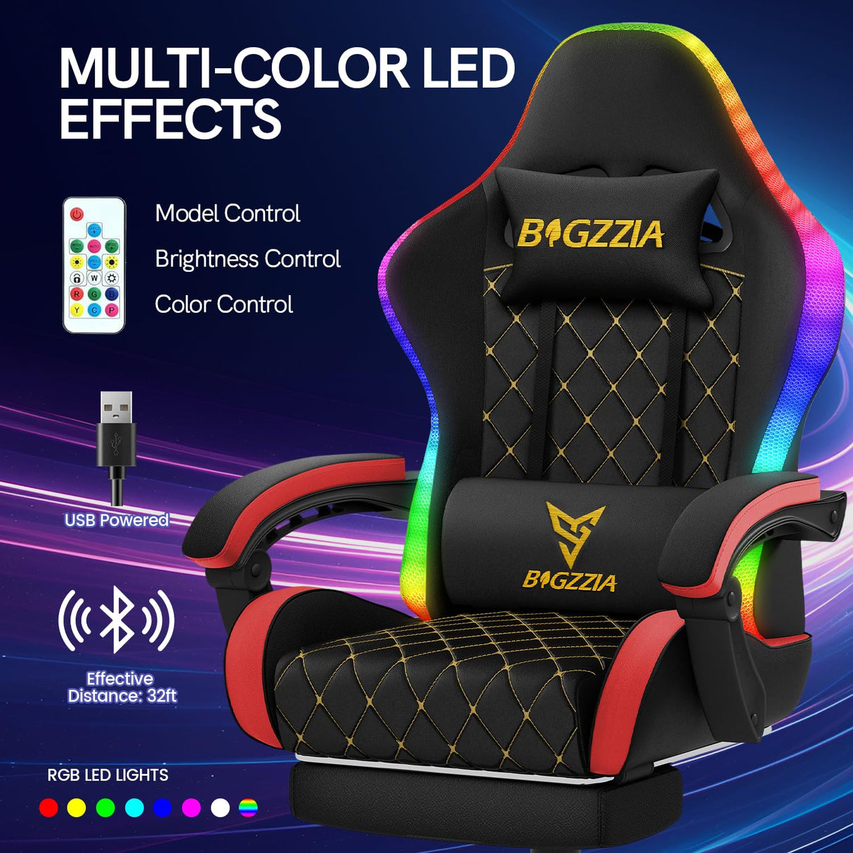 RGB LED Gaming Chair with Footrest - Ergonomic High Back Reclining Computer Chair