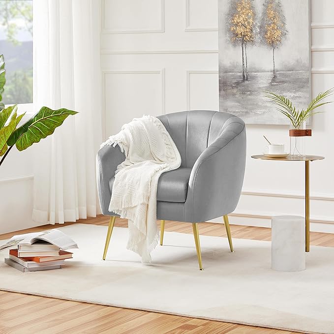 Accent Chair, Modern Barrel Vanity Chair with Gold Metal Legs, Tufted Accent