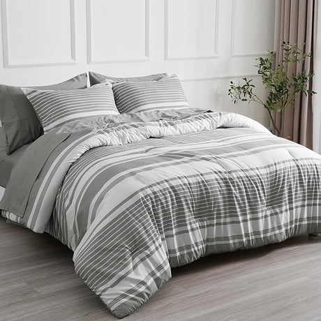 7 Pieces Queen Comforter Set, Striped Bed in A Bag, Charcoal Grey Stripe Comforter