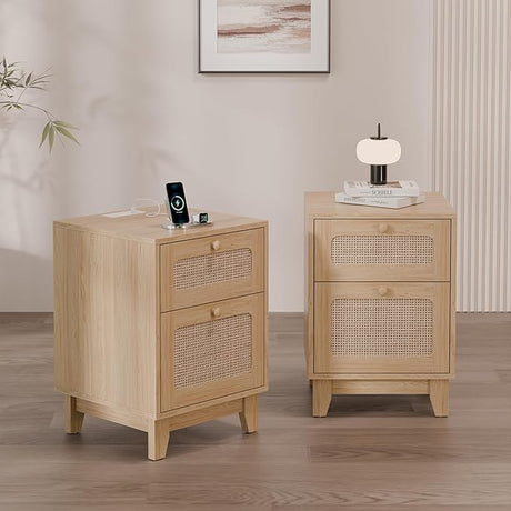 Modern Rattan Nightstand Set of 2, Wicker Rattan Stand with Drawer and Charge Station