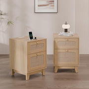 Modern Rattan Nightstand Set of 2, Wicker Rattan Stand with Drawer and Charge Station