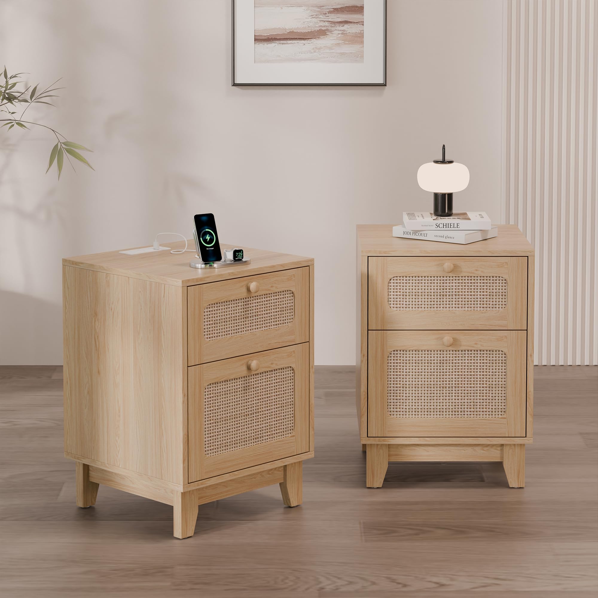 Modern Rattan Nightstand Set of 2, Wicker Rattan Stand with Drawer and Charge Station