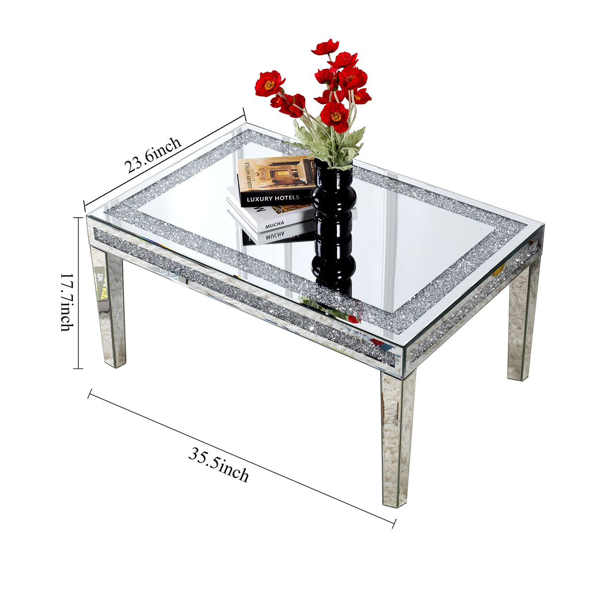 Silver Coffee Table with Crystals Inlay, 35 inches Modern Contemporary Accent Side or Coffee Table for