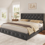 Queen Size Platform Bed Frame with 4 Storage Drawers and Wingback, Modern Linen