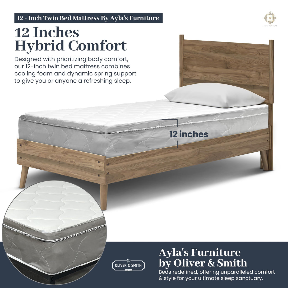 Twin Bed Mattress - 12 Inch Hybrid Twin Mattress with High Density & Comfort Cold Foam with Continuous Coil Bonnell Springs -