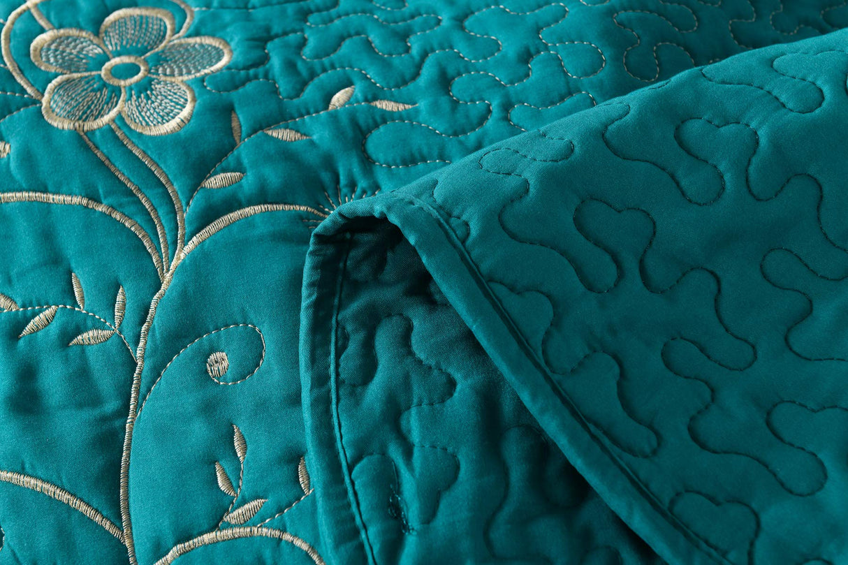3 Piece Lightweight Bedspread Quilt Set Microfiber Quilt Embroidered Bedspreads Bed Coverlet Set, Lapaz (Teal, Queen)