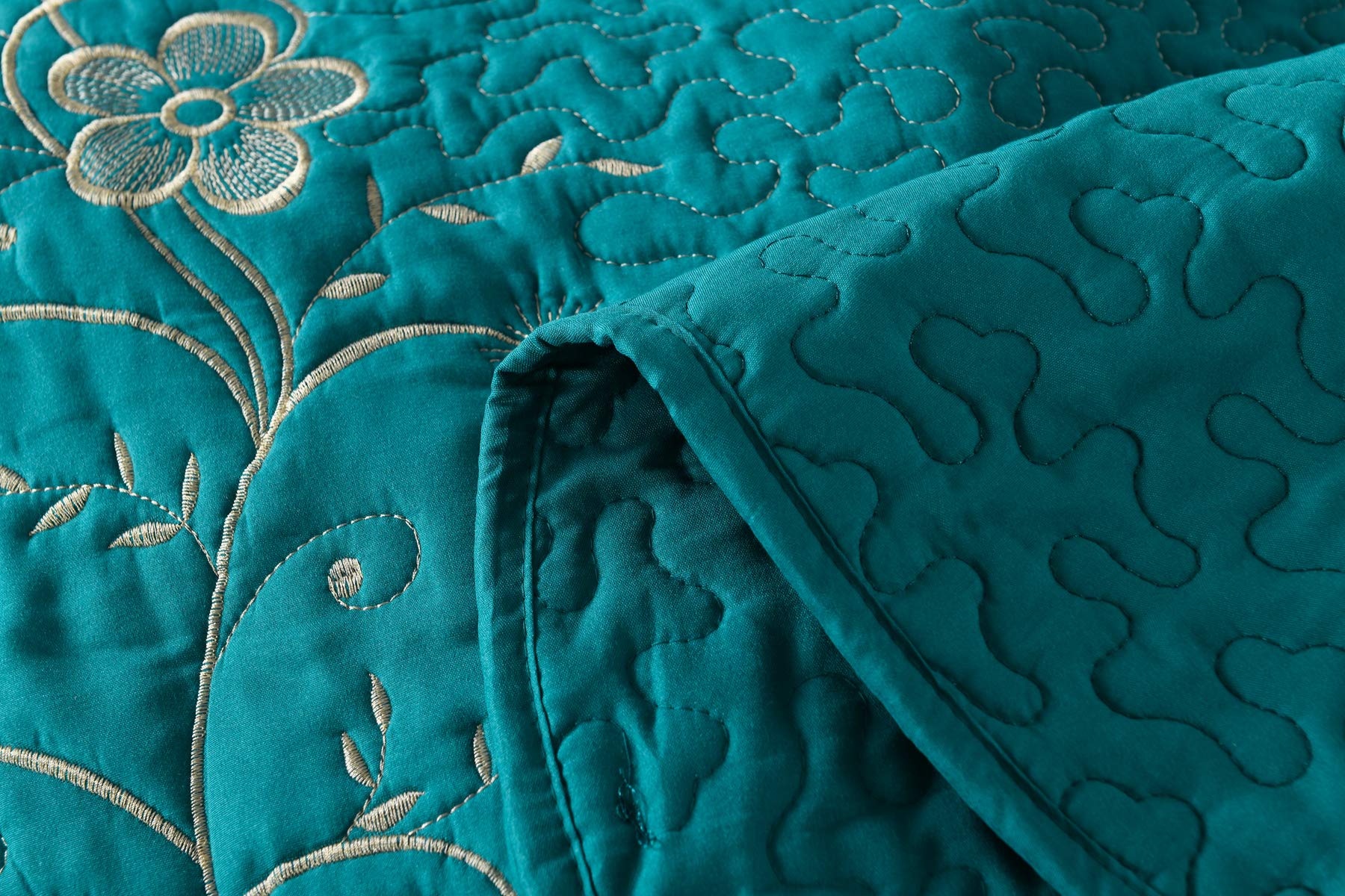 3 Piece Lightweight Bedspread Quilt Set Microfiber Quilt Embroidered Bedspreads Bed Coverlet Set, Lapaz (Teal, Queen)