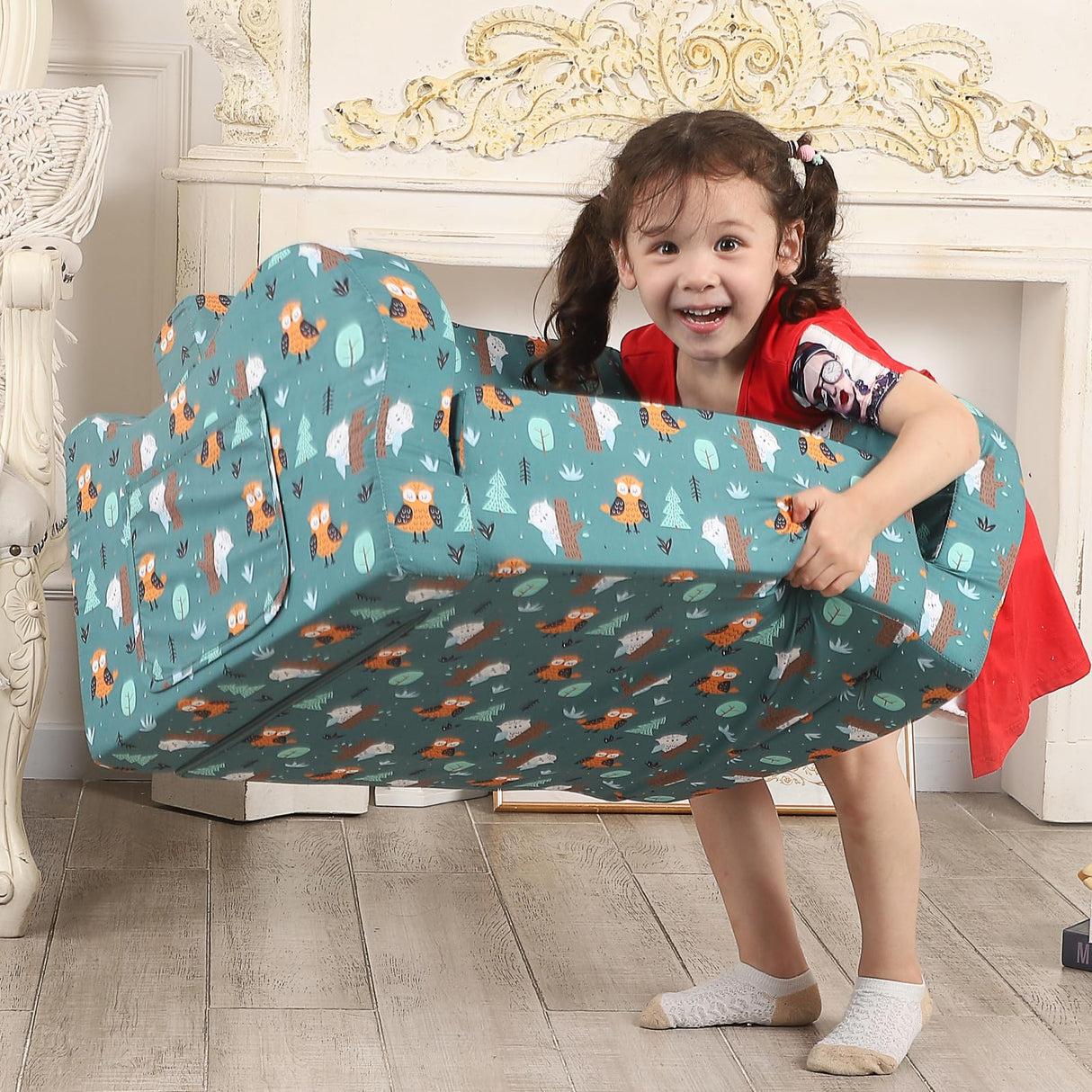 Happy Owl Kids Sofa, 2-in-1 Kids Couch Fold Out, Convertible Sofa to Bed for Girls and Boys