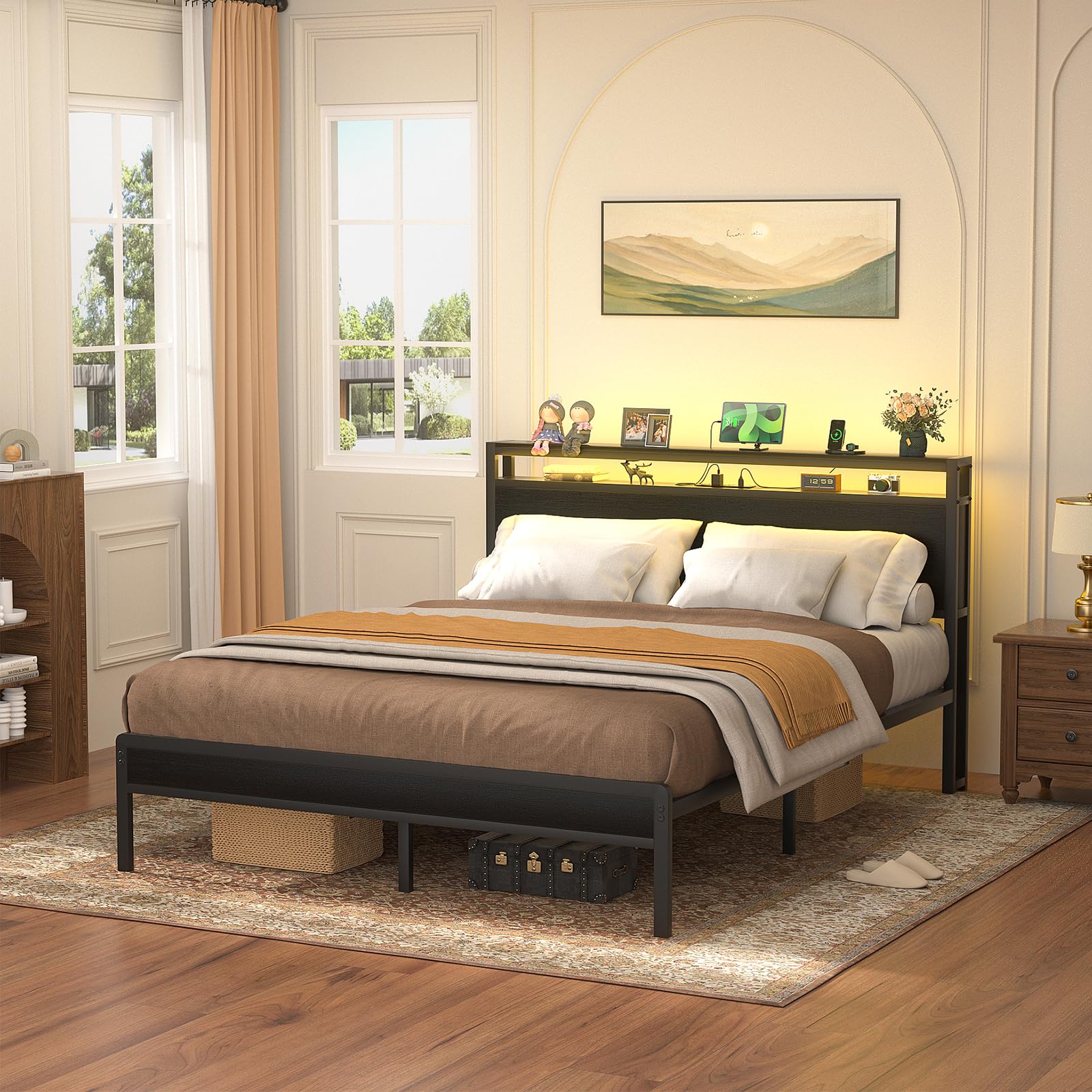 Queen Size Bed Frame with Charging Station and Led Lights, Industrial Metal Platform Bed with Storage Headboard, Steel Slat Support, No Box Spring Needed, Noise-Free, Easy Assembly, Black