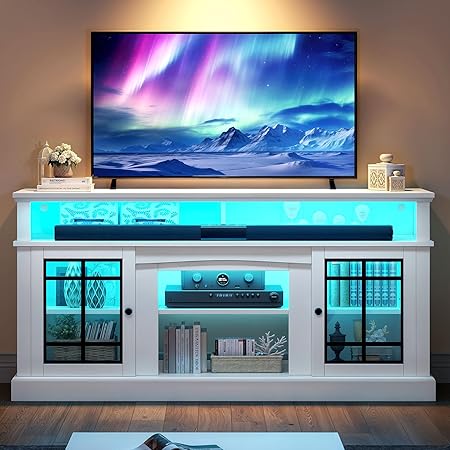 Modern TV Stand for 75 Inch TV with LED Lights, 32'' Tall Mid Century Modern TV Cabinet