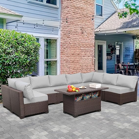 9-Piece Patio Rattan Furniture Set with Storage Table Outdoor Sectional Conversation