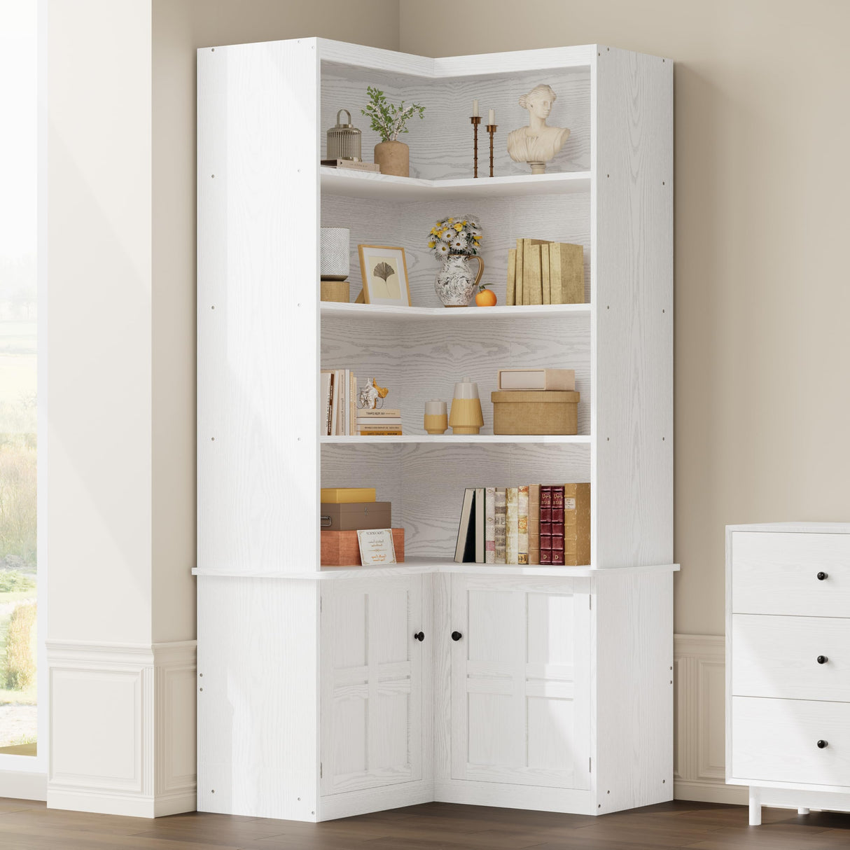Corner Bookshelf with Doors, 6 Tier Bookcase with Storage, Corner Shelf with Cabinet
