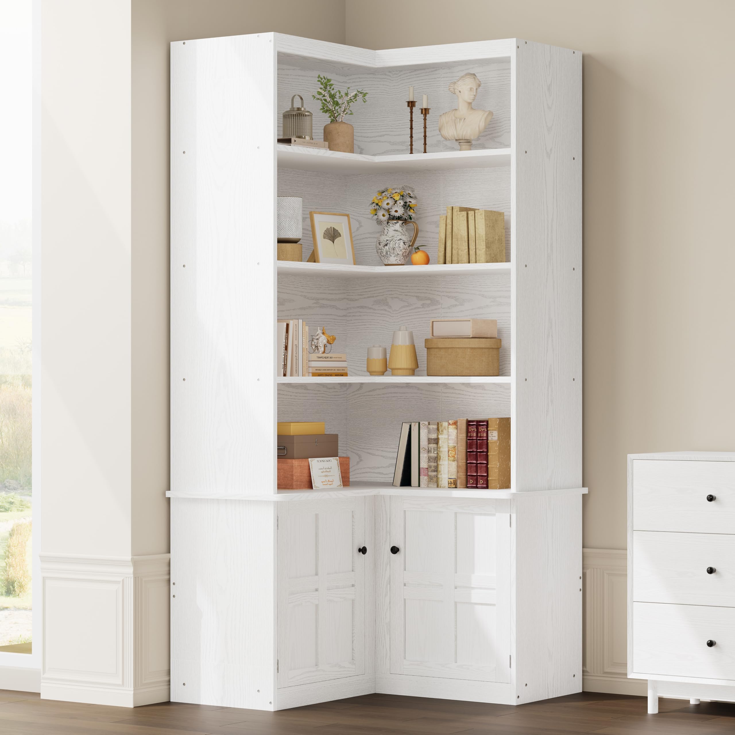 Corner Bookshelf with Doors, 6 Tier Bookcase with Storage, Corner Shelf with Cabinet