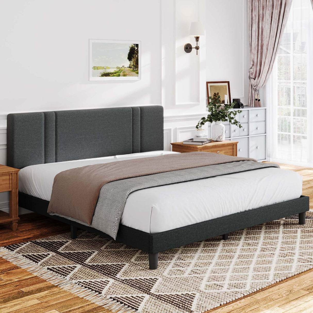 Queen Bed Frame with Headboard, Queen Size Bed Frame with Adjustable Headboard