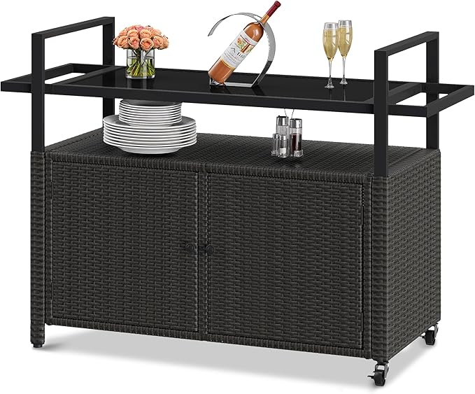 Patio Storage Cabinet,Outdoor Bar Cart with Glass Top,Outdoor Storage Cabinet