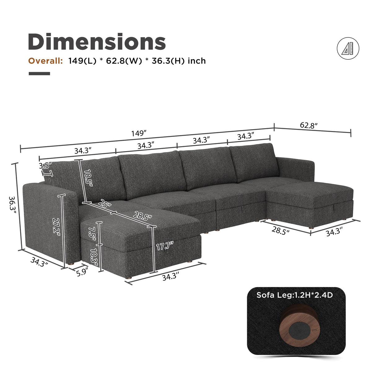 Reversible Modular Sectional Couch U Shaped Modular Sofa with Wide Chaise Oversized