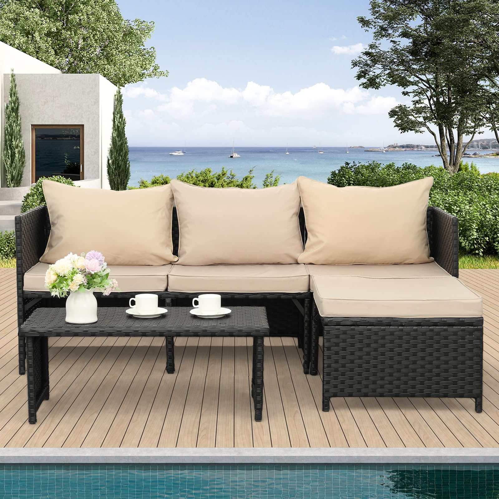 Valita 3-Piece Outdoor PE Rattan Furniture Set Patio Black Wicker Conversation Loveseat Sofa Sectional Couch Khaki Cushion