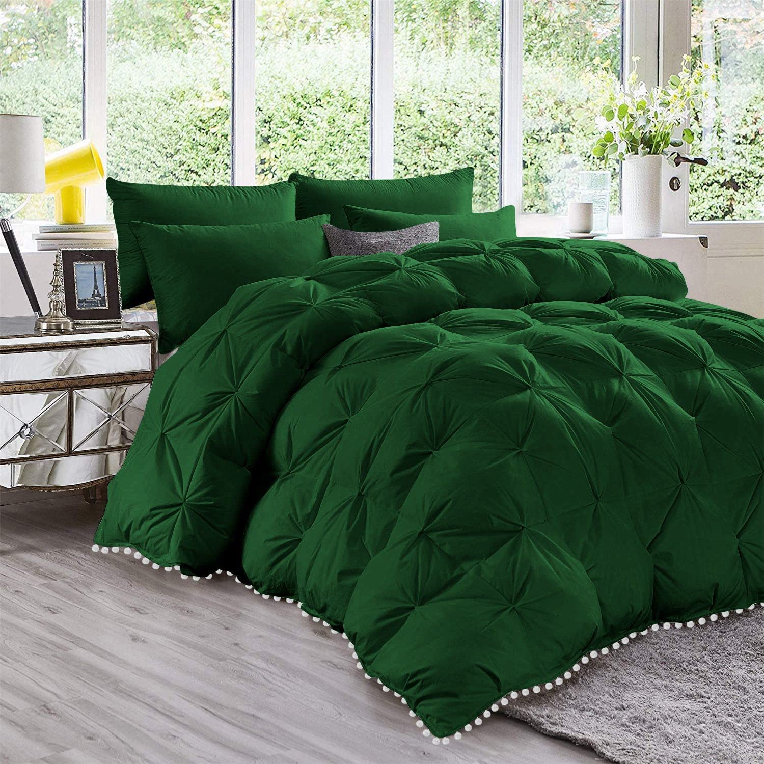 1 Piece White Pom Pom Pinch Pleated Comforter | 1000 Thread Count 100% Egyptian Cotton